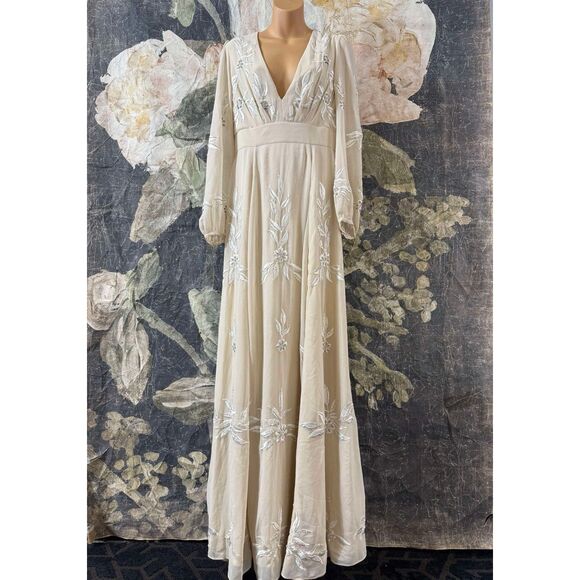 New Anthropologie BHLDN Belize Embroidered A-Line Long-Sleeve V-Neck Gown Sz 12 - Picture 9 of 10